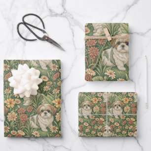 Shih Tzu Puppies in a William Morris Style Garden Wrapping Paper Sheets