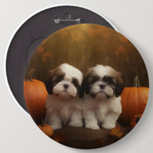 Shih Tzu Puppy Autumn Delight Pumpkin Button