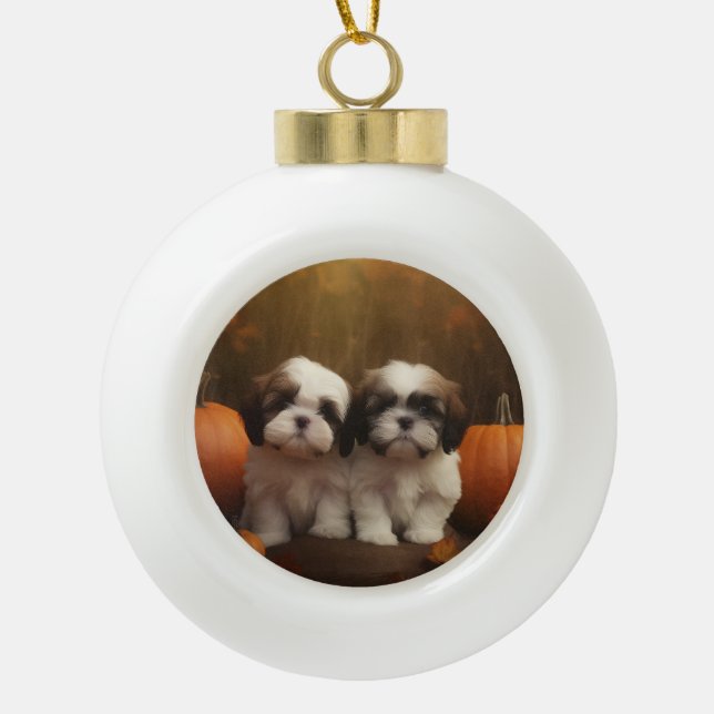 Shih Tzu Puppy Autumn Delight Pumpkin  Ceramic Ball Christmas Ornament (Front)