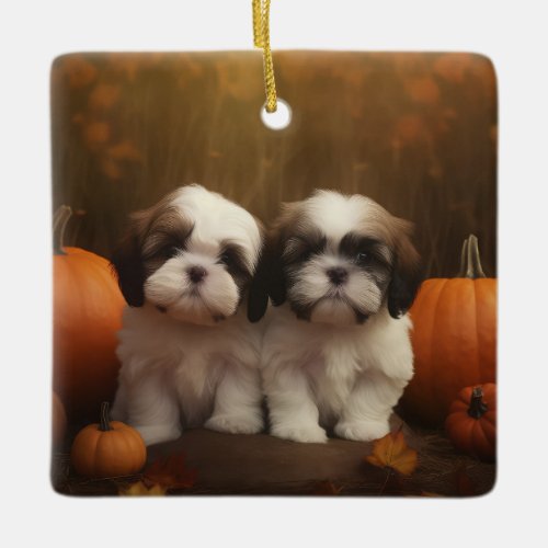 Shih Tzu Puppy Autumn Delight Pumpkin  Ceramic Ornament