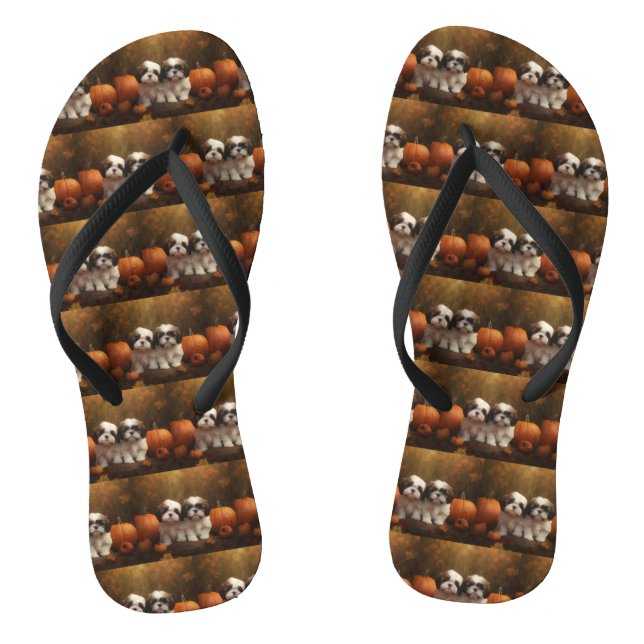 Shih Tzu Puppy Autumn Delight Pumpkin  Flip Flops (Footbed)