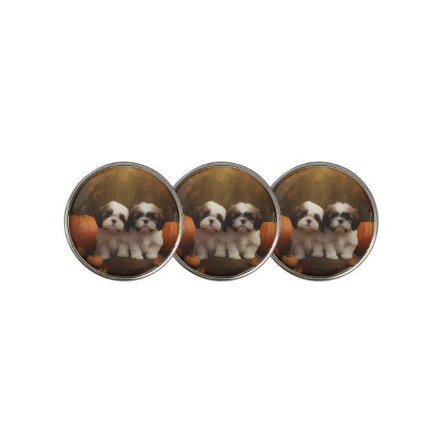 Shih Tzu Puppy Autumn Delight Pumpkin  Golf Ball Marker (3 Up)