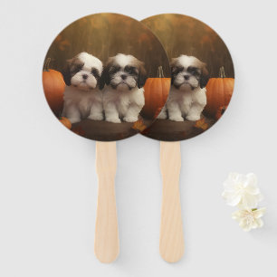 Shih Tzu Puppy Autumn Delight Pumpkin Hand Fan