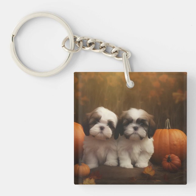Shih Tzu Puppy Autumn Delight Pumpkin  Keychain (Front)
