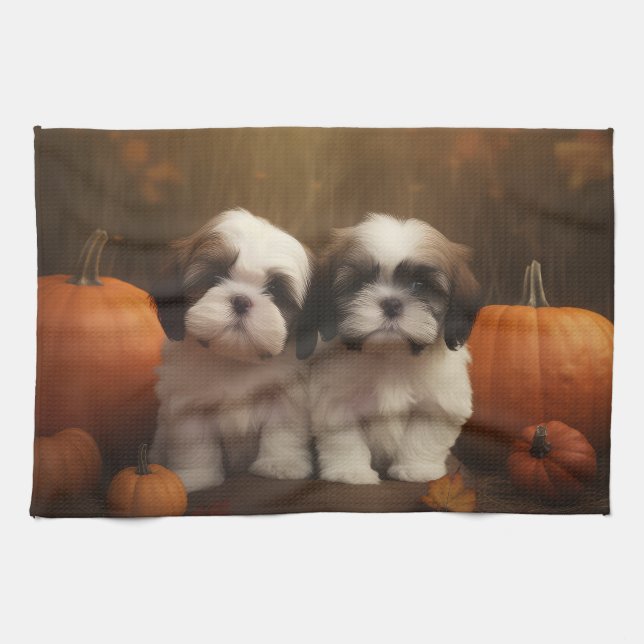 Shih Tzu Puppy Autumn Delight Pumpkin  Kitchen Towel (Horizontal)