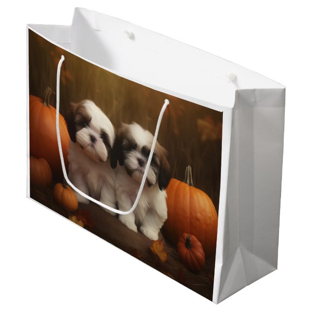 Shih Tzu Puppy Autumn Delight Pumpkin  Large Gift Bag (Front Angled)