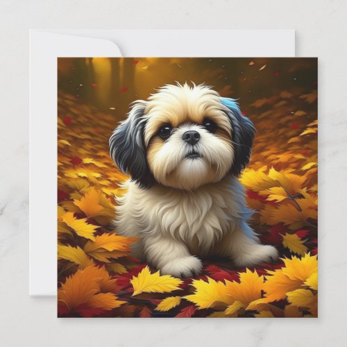 Shih Tzu Puppy Dog Playing in Fall Leaves  