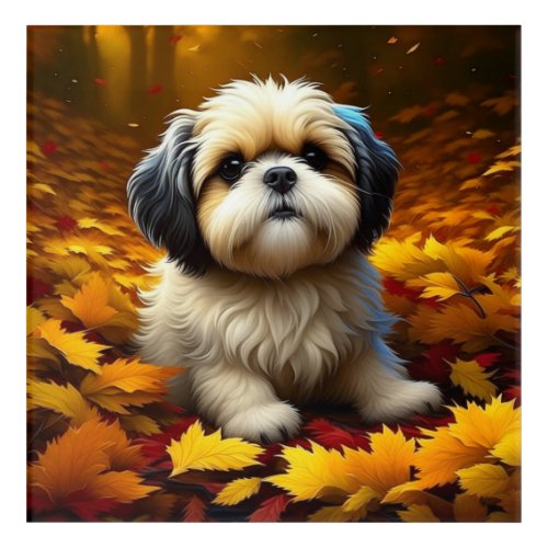 Shih Tzu Puppy Dog Playing in Fall Leaves   Acrylic Print
