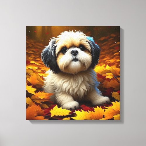 Shih Tzu Puppy Dog Playing in Fall Leaves   Canvas Print