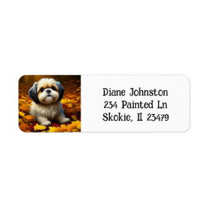 Shih Tzu Puppy Dog Playing in Fall Leaves Label