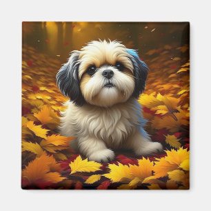 Shih Tzu Puppy Dog Playing in Fall Leaves Magnet