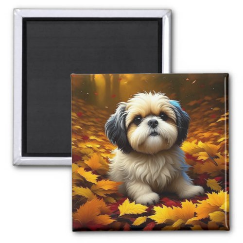 Shih Tzu Puppy Dog Playing in Fall Leaves   Magnet
