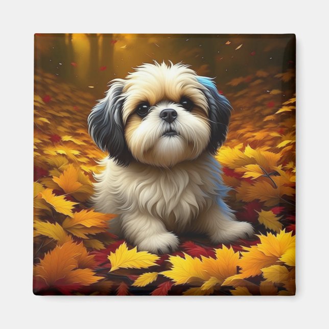 Shih Tzu Puppy Dog Playing in Fall Leaves   Magnet (Front)