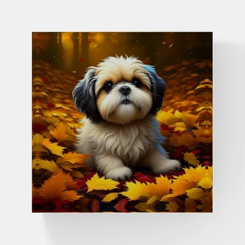 Shih Tzu Puppy Dog Playing in Fall Leaves   Paperweight