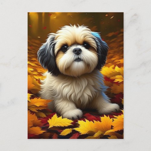 Shih Tzu Puppy Dog Playing in Fall Leaves   Postcard