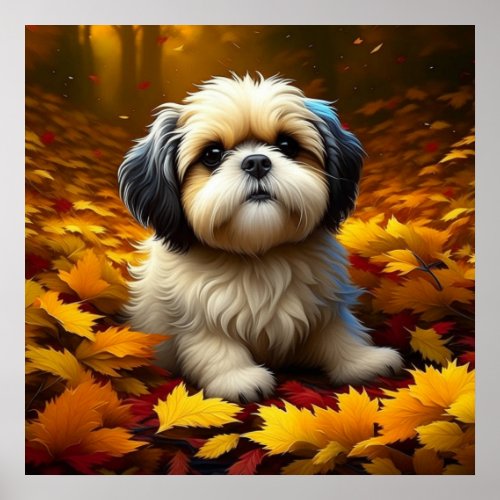Shih Tzu Puppy Dog Playing in Fall Leaves   Poster