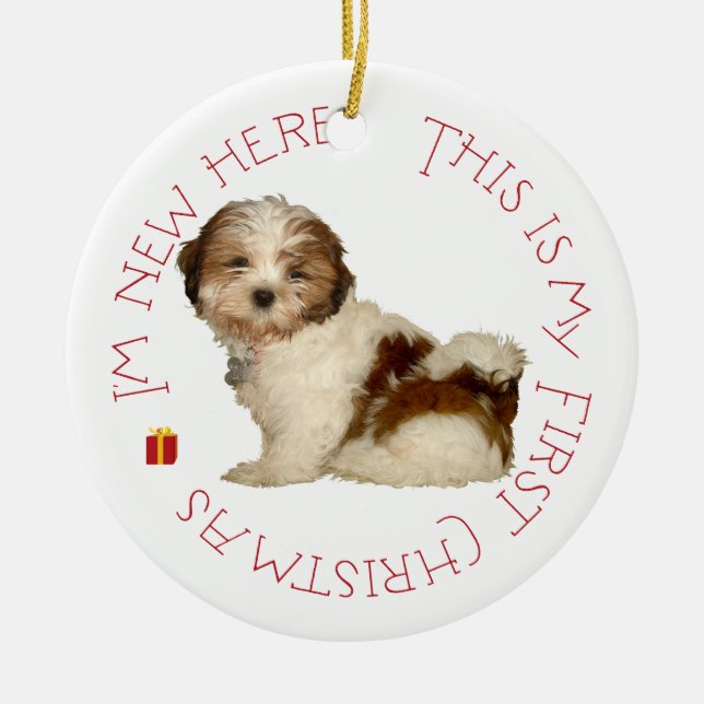 Shih Tzu Puppy First Christmas Ceramic Ornament (Front)