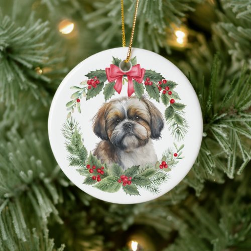 Shih Tzu Red Bow Holly Wreath Ceramic Ornament