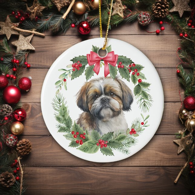 Shih Tzu Red Bow Holly Wreath Ceramic Ornament (Creator Uploaded)