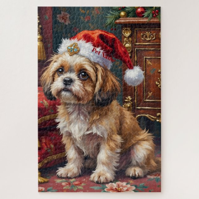 Shih Tzu Regal Christmas Topknot Hat Jigsaw Puzzle (Vertical)