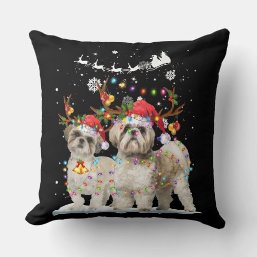 Shih Tzu Reindeer Xmas Light Christmas Ornaments Throw Pillow