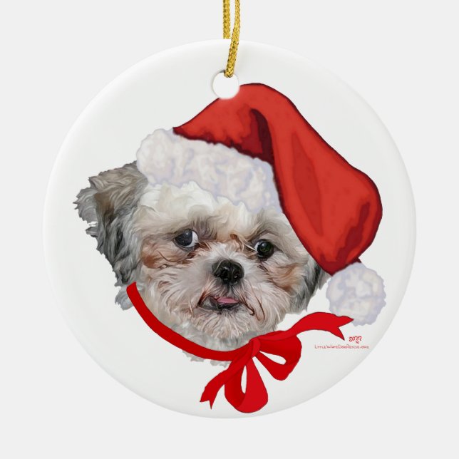 Shih Tzu Rescue Dog Happy Holidays Ceramic Ornament (Front)
