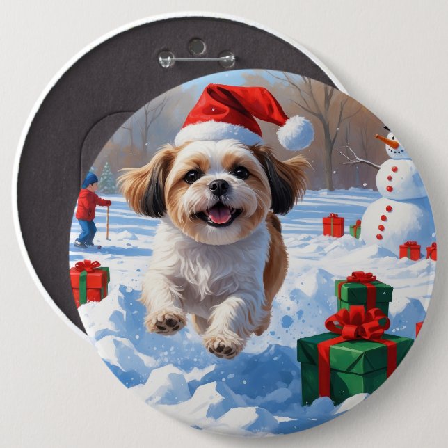 Shih Tzu Running in Snow with Christmas Hat Button (Front & Back)