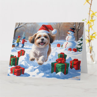Shih Tzu Running in Snow with Christmas Hat Card
