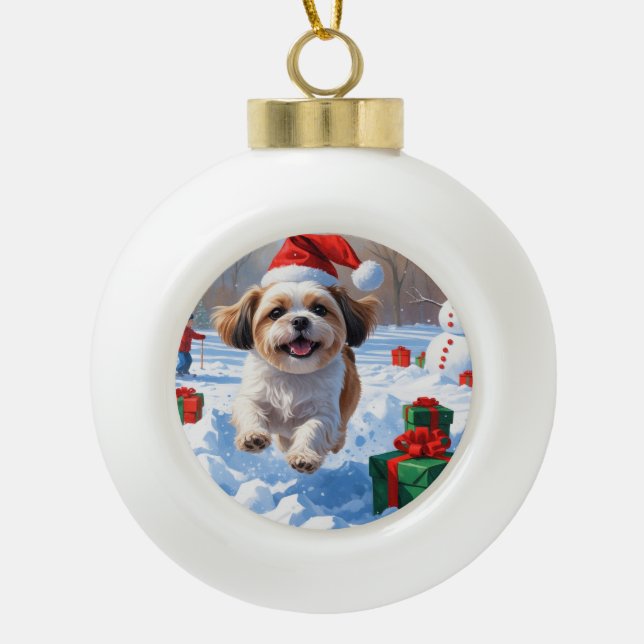 Shih Tzu Running in Snow with Christmas Hat Ceramic Ball Christmas Ornament (Front)