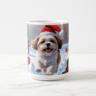Shih Tzu Running in Snow with Christmas Hat Coffee Mug