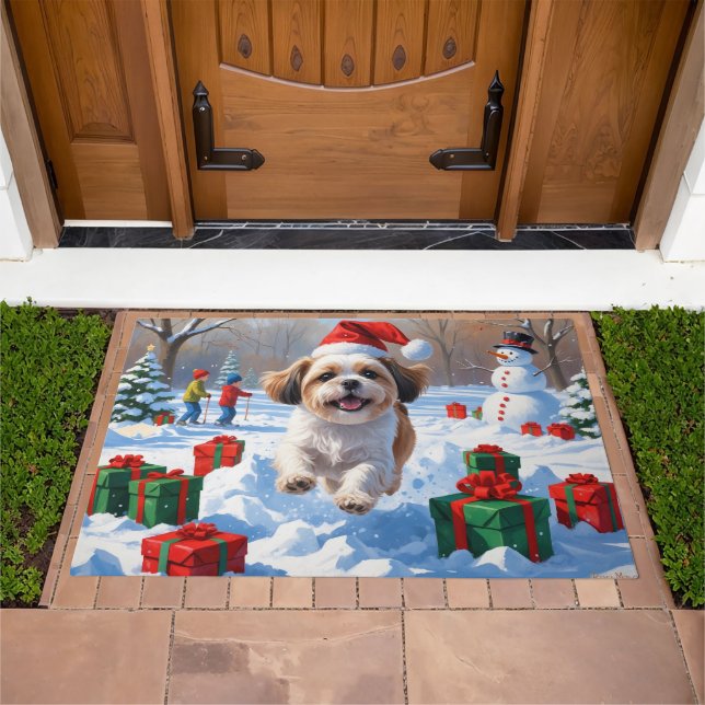 Shih Tzu Running in Snow with Christmas Hat Doormat (Outdoor)