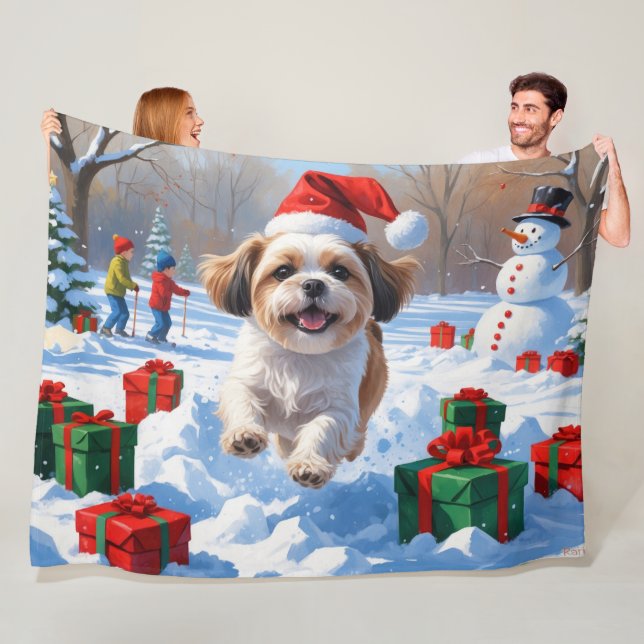 Shih Tzu Running in Snow with Christmas Hat Fleece Blanket (In Situ)