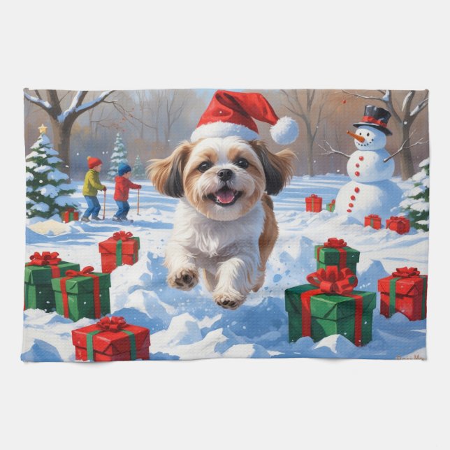 Shih Tzu Running in Snow with Christmas Hat Kitchen Towel (Horizontal)