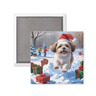 Shih Tzu Running in Snow with Christmas Hat Magnet