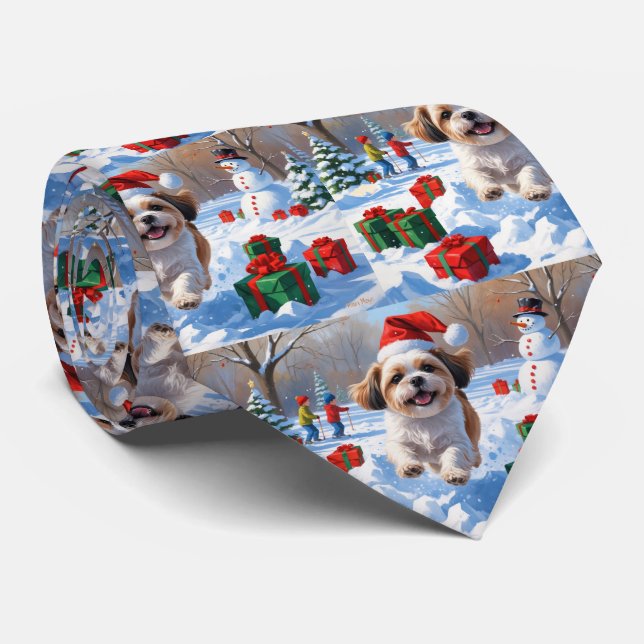 Shih Tzu Running in Snow with Christmas Hat Neck Tie (Rolled)