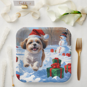 Shih Tzu Running in Snow with Christmas Hat Paper Plates