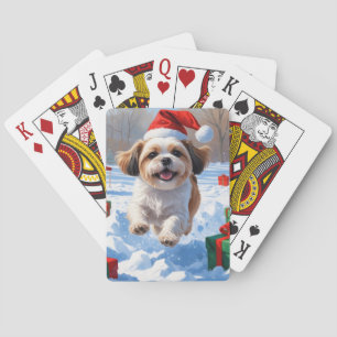 Shih Tzu Running in Snow with Christmas Hat Poker Cards