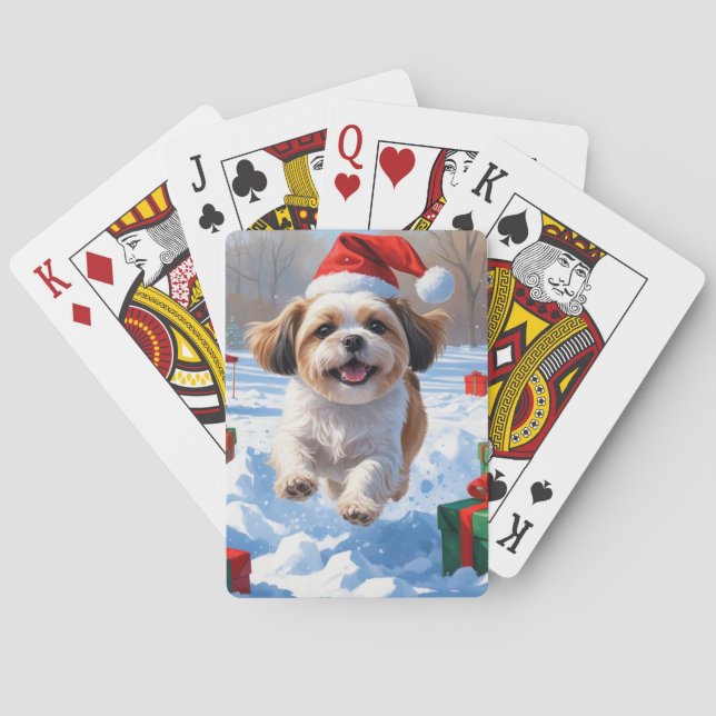 Shih Tzu Running in Snow with Christmas Hat Poker Cards (Back)