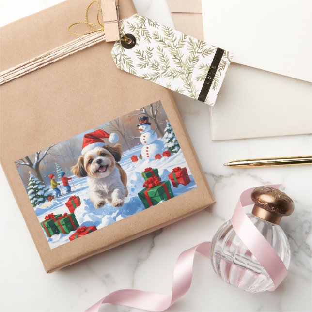 Shih Tzu Running in Snow with Christmas Hat Rectangular Sticker (Gifting)