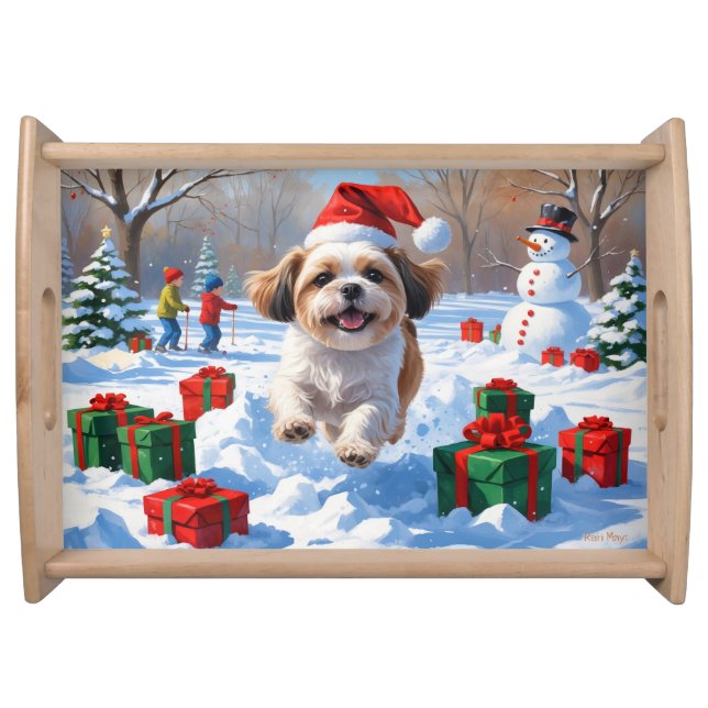 Shih Tzu Running in Snow with Christmas Hat Serving Tray (Front)