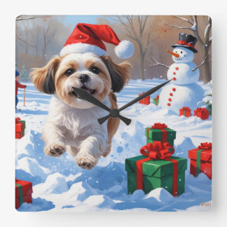 Shih Tzu Running in Snow with Christmas Hat Square Wall Clock