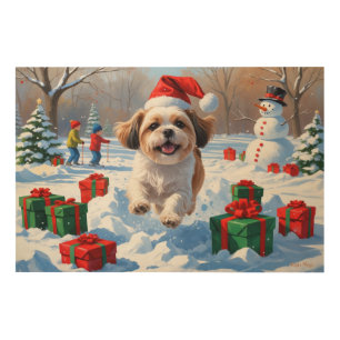 Shih Tzu Running in Snow with Christmas Hat Wood Wall Art