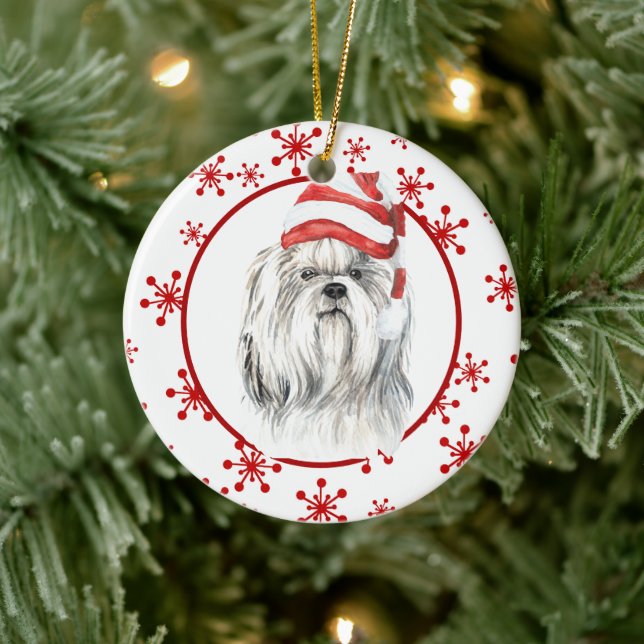 Shih Tzu  Santa Hat Red Snowflake Ceramic Ornament (Tree)