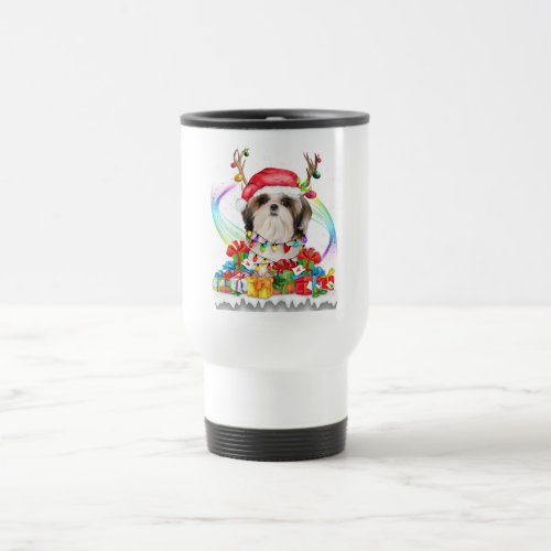 Shih Tzu Santa Hat Reindeer Christmas Lights Gift Travel Mug