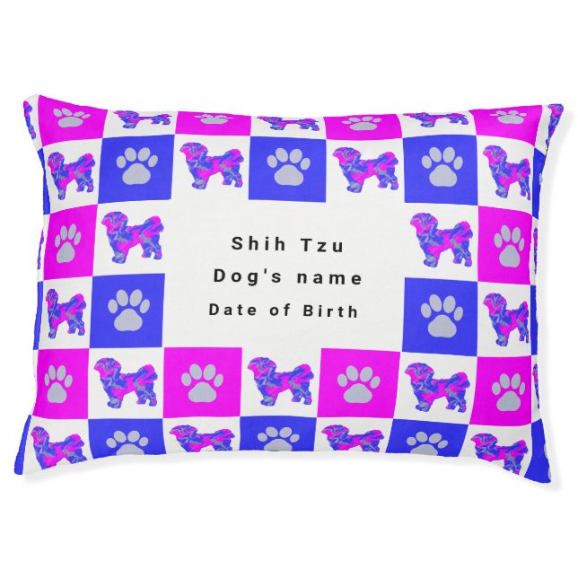 Shih Tzu Silhouette Dog & Paw Crazy Hot Pink Pet Bed (Front)