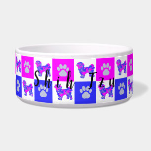 Shih Tzu Silhouette Dog & Paw Hot Pink & Blue Bowl