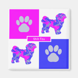 Shih Tzu Silhouette Dog & Paw Pink and Blue Square Magnet