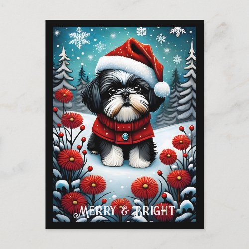 Shih Tzu Snowy Flower Meadow Santa Dog Christmas Postcard