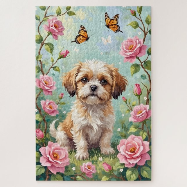 Shih Tzu Spring Rose Garden Cute Dog Jigsaw Puzzle (Vertical)