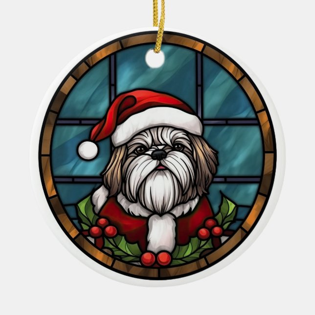 Shih Tzu Stained Glass Christmas Ceramic Ornament (Front)